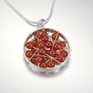 Carnelian Silver Pendant Necklace Cage Bead Statement Minimalist Modern Jewelry